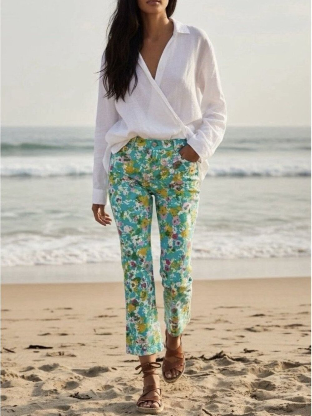 Zara Women’s Floral Linen Blend Mini Flare Cropped Trouser Pants Size 2 NWT